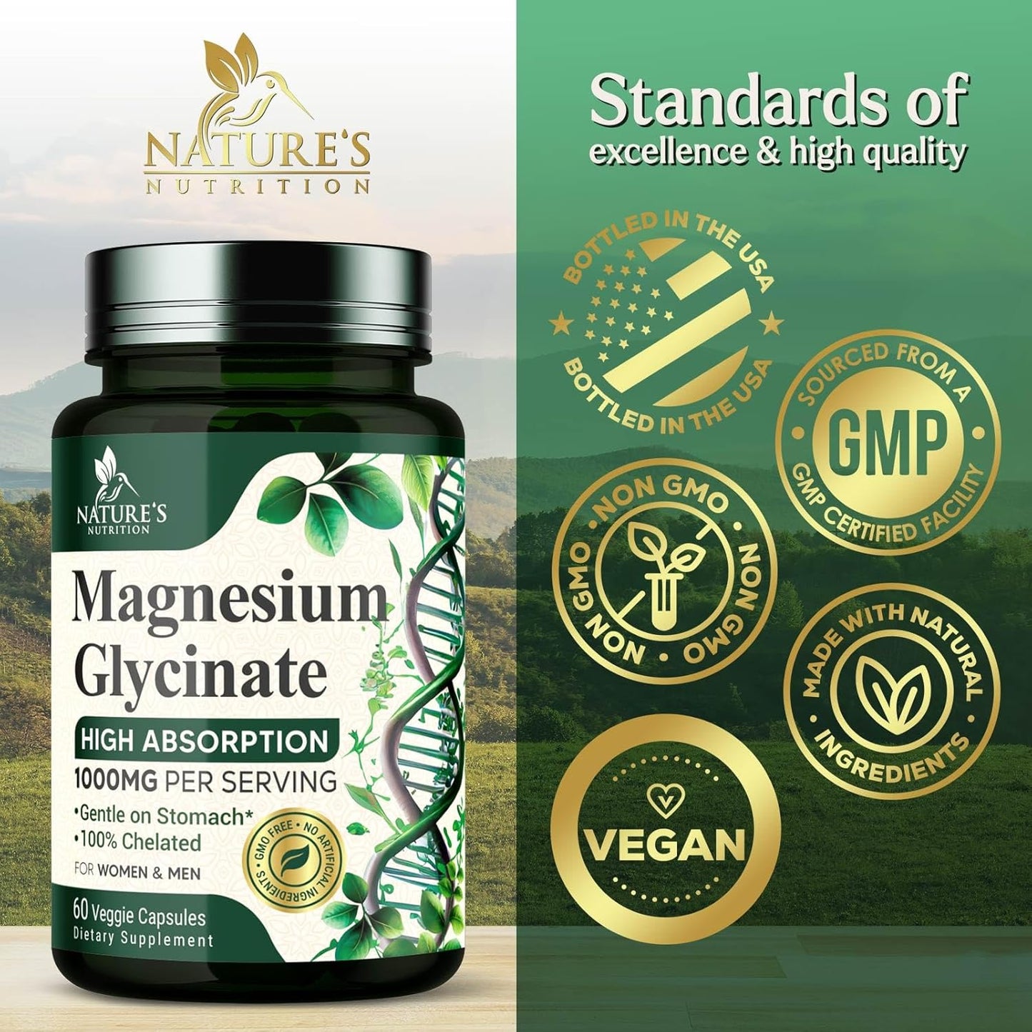 1000mg Chelated Magnesium Glycinate Supplement for Heart, Nerves, Bone, and Muscle Support - High Absorption for Men and Women - Vegan, Non-GMO - 60 Capsules