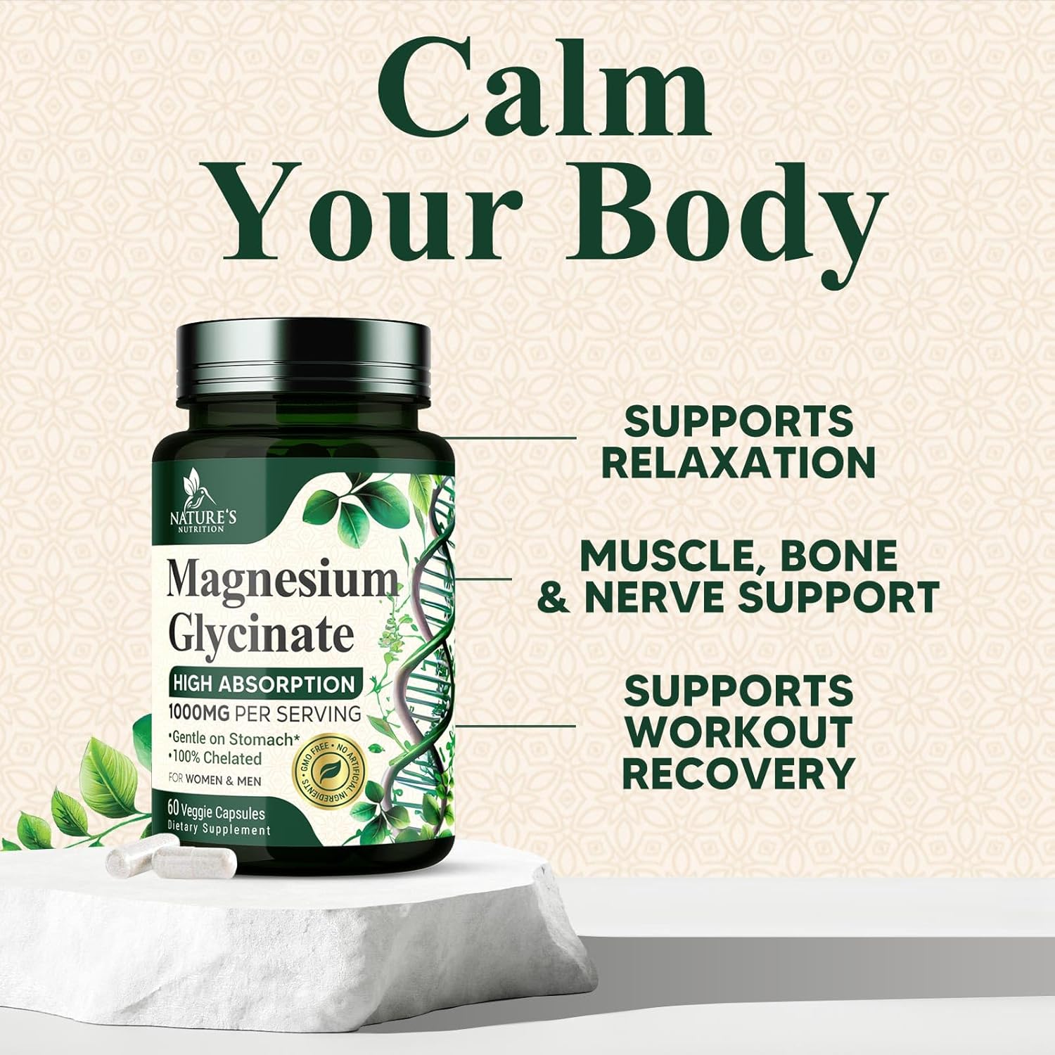 1000mg Chelated Magnesium Glycinate Supplement for Heart, Nerves, Bone, and Muscle Support - High Absorption for Men and Women - Vegan, Non-GMO - 60 Capsules