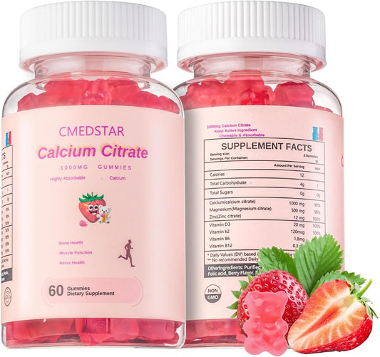 1000mg Chewable Calcium Citrate Gummies with Vitamin D3, K2, B6, B12, Magnesium, Zinc - Bone, Muscle, Joint Health, Immunity, Memory - Strawberry Flavor, 60 Count, Sugar-Free, Gluten-Free, Vegetarian