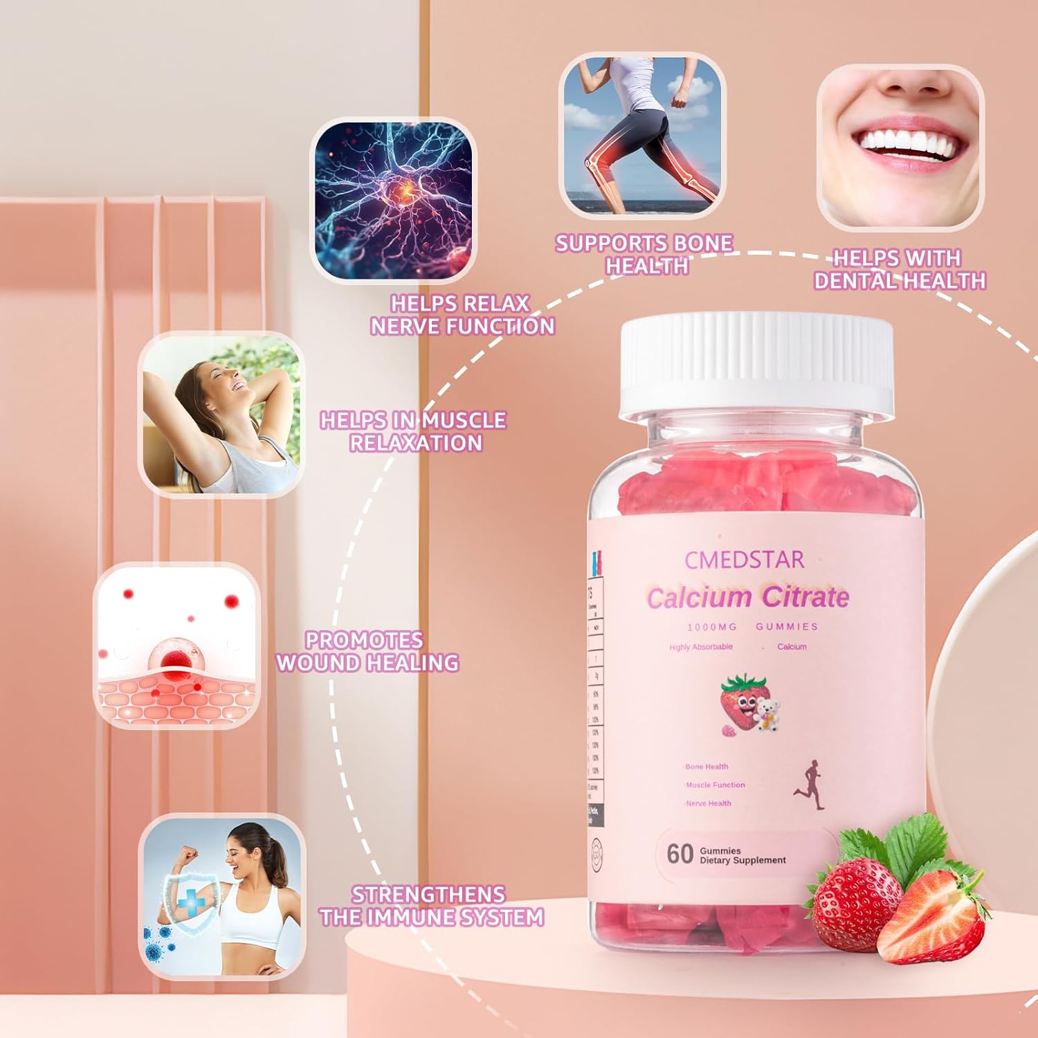 1000mg Chewable Calcium Citrate Gummies with Vitamin D3, K2, B6, B12, Magnesium, Zinc - Bone, Muscle, Joint Health, Immunity, Memory - Strawberry Flavor, 60 Count, Sugar-Free, Gluten-Free, Vegetarian