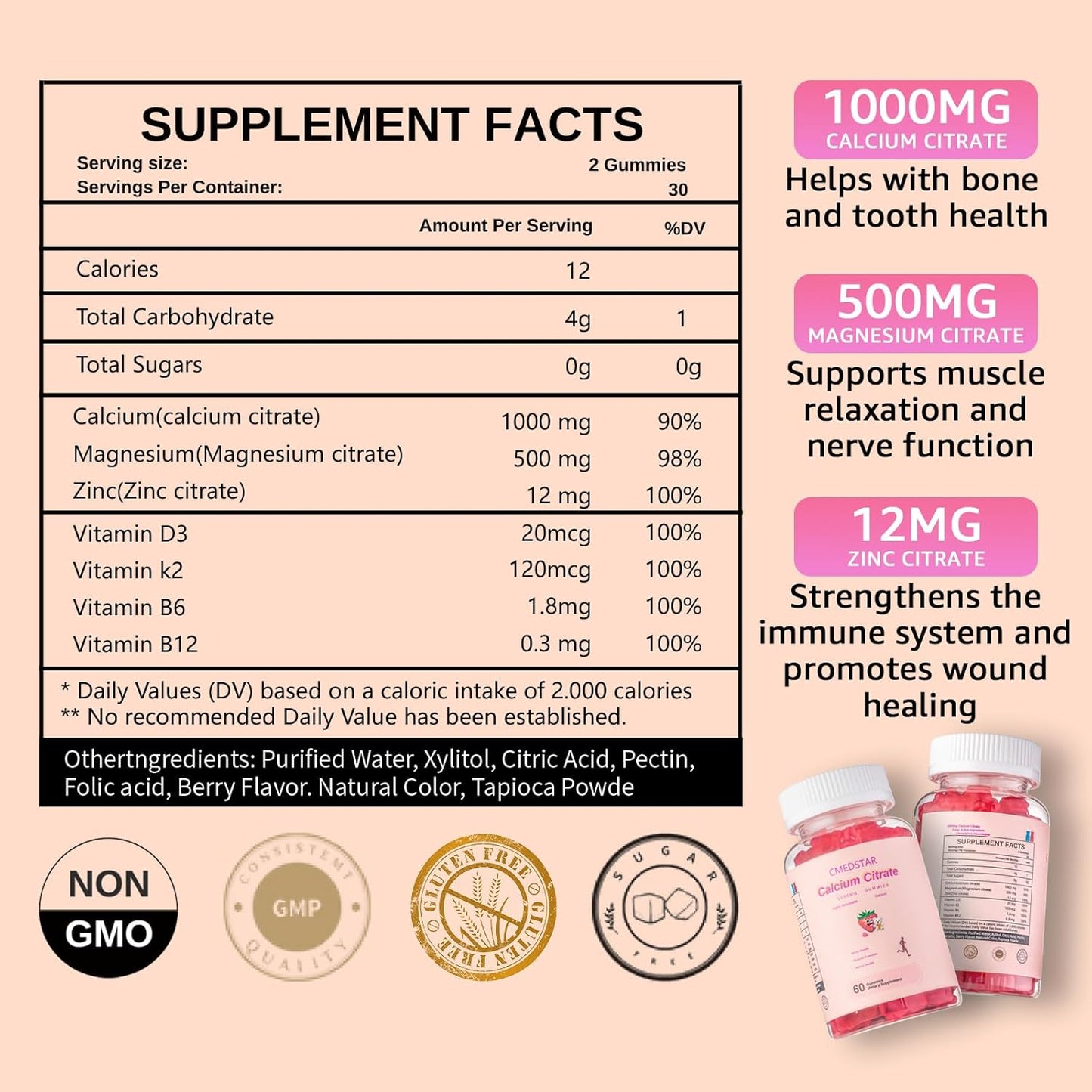 1000mg Chewable Calcium Citrate Gummies with Vitamin D3, K2, B6, B12, Magnesium, Zinc - Bone, Muscle, Joint Health, Immunity, Memory - Strawberry Flavor, 60 Count, Sugar-Free, Gluten-Free, Vegetarian