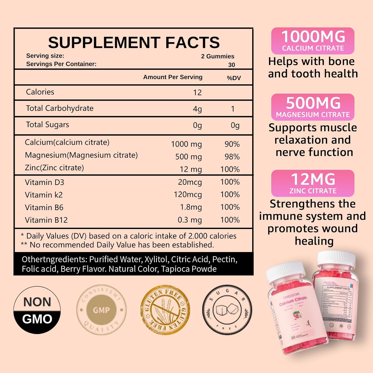 1000mg Chewable Calcium Citrate Gummies with Vitamin D3, K2, B6, B12, Magnesium, Zinc - Bone, Muscle, Joint Health, Immunity, Memory - Strawberry Flavor, 60 Count, Sugar-Free, Gluten-Free, Vegetarian