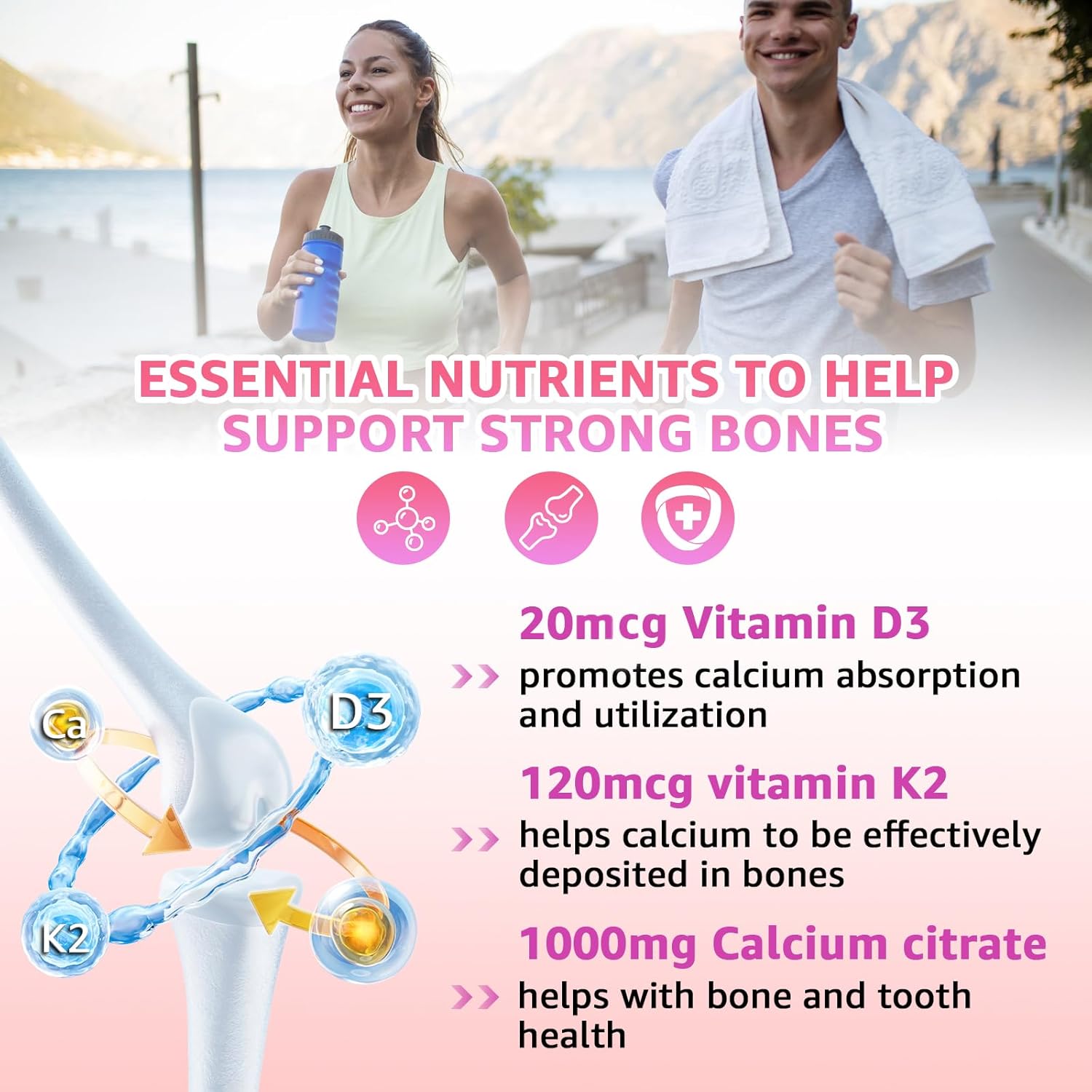 1000mg Chewable Calcium Citrate Gummies with Vitamin D3, K2, B6, B12, Magnesium, Zinc - Bone, Muscle, Joint Health, Immunity, Memory - Strawberry Flavor, 60 Count, Sugar-Free, Gluten-Free, Vegetarian