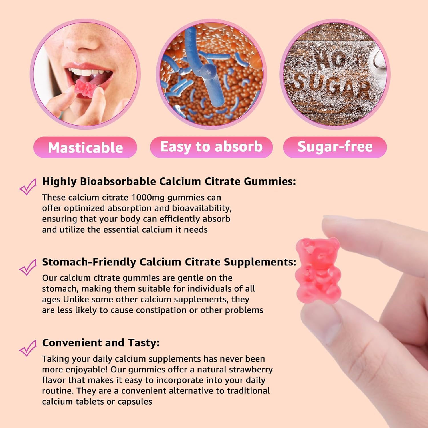 1000mg Chewable Calcium Citrate Gummies with Vitamin D3, K2, B6, B12, Magnesium, Zinc - Bone, Muscle, Joint Health, Immunity, Memory - Strawberry Flavor, 60 Count, Sugar-Free, Gluten-Free, Vegetarian