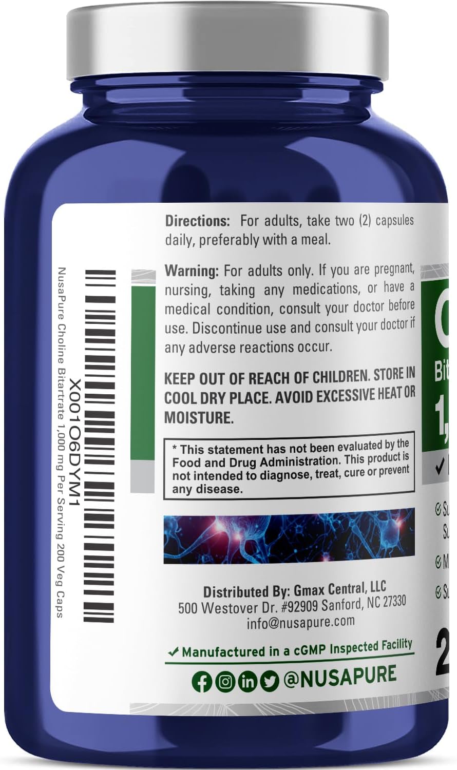 1000mg Choline Bitartrate 200 Veg Caps - Non-GMO & Vegetarian Formula by NusaPure