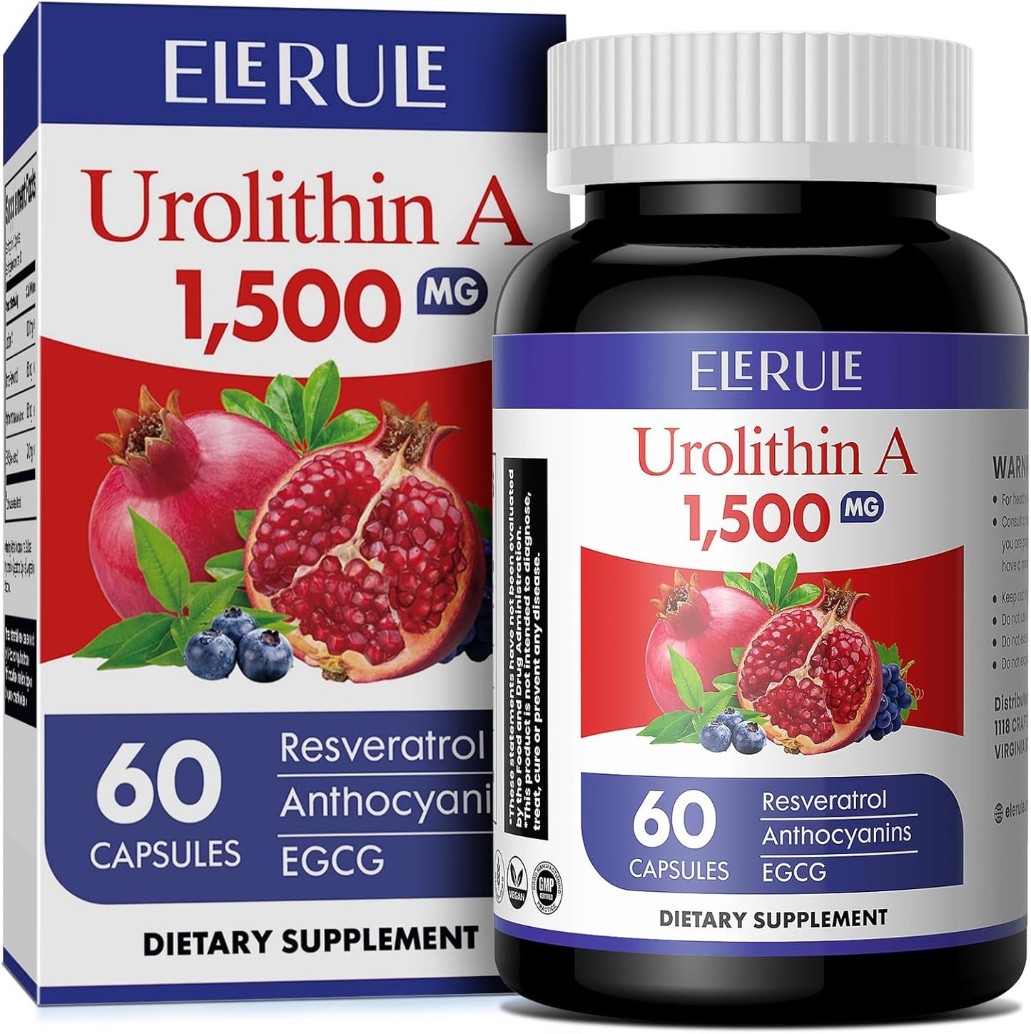 1000mg ELERULE Urolithin A Supplement with Trans-Resveratrol, Anthocyanins, and Green Tea for Healthy Aging - 60 Capsules