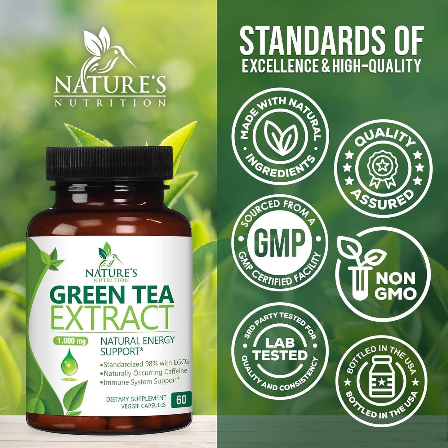 1000mg Green Tea Extract Capsules - 98% EGCG - Natural Energy Boost - Heart Health Support - Polyphenols - Gentle Caffeine - 60 Capsules