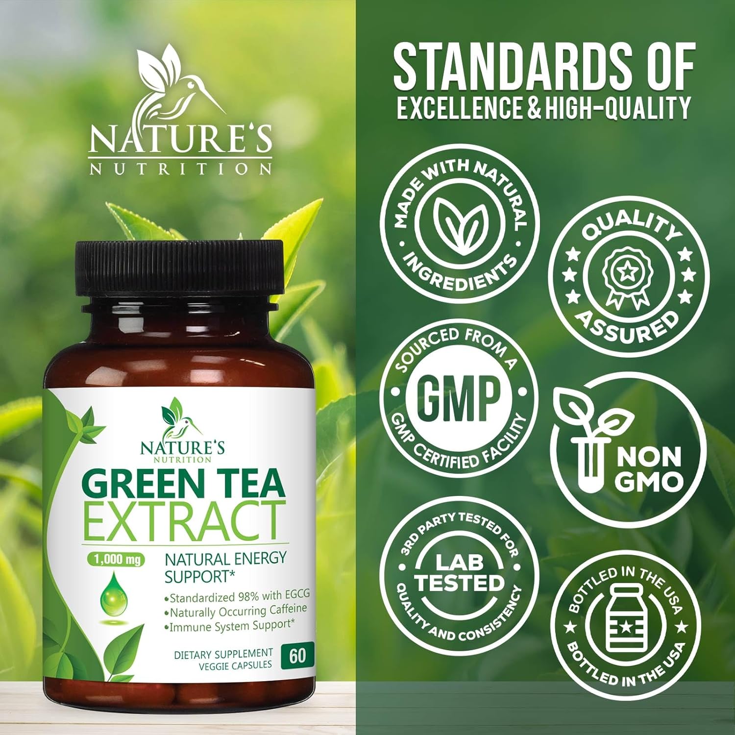 1000mg Green Tea Extract Capsules - 98% EGCG - Natural Energy Boost - Heart Health Support - Polyphenols - Gentle Caffeine - 60 Capsules