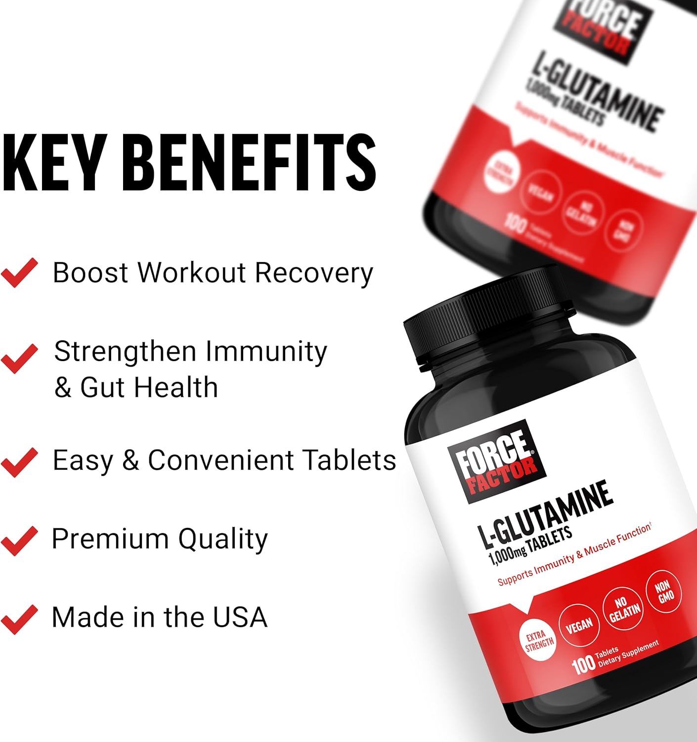 1000mg L-Glutamine Tablets for Muscle Recovery, Healthy Function & Immunity - Vegan, Non-GMO (100 Tablets)