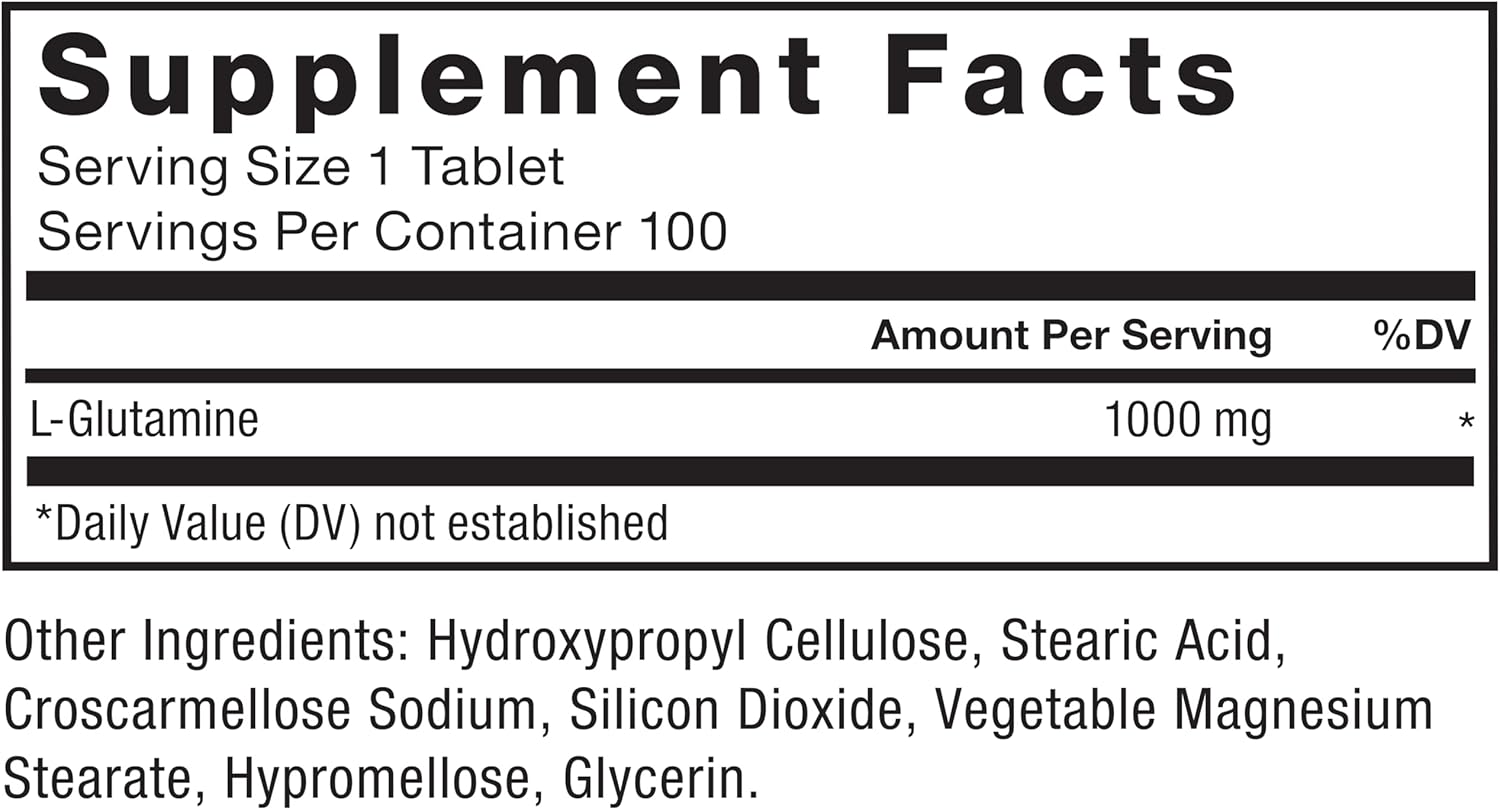 1000mg L-Glutamine Tablets for Muscle Recovery, Healthy Function & Immunity - Vegan, Non-GMO (100 Tablets)