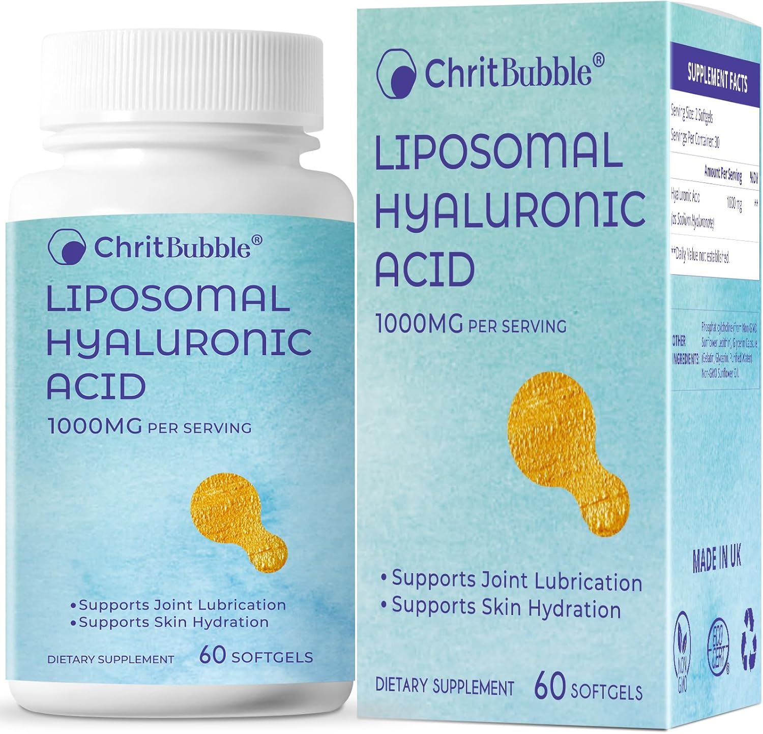 1000mg Liposomal Hyaluronic Acid Capsules for Skin, Joint, and Dermal Repair - Pure Dietary Supplement for Men and Women by ChritBubble