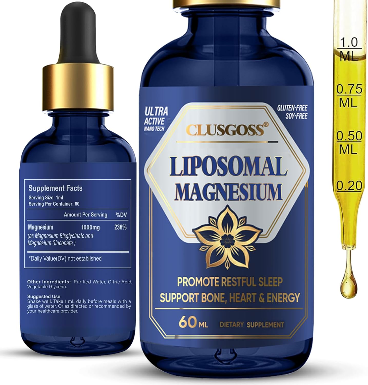 1000mg Liposomal Magnesium Drops for Calm & Sleep - Liquid Magnesium Glycinate Supplement for Bone, Heart, Energy, Muscle Support - Sugar-Free
