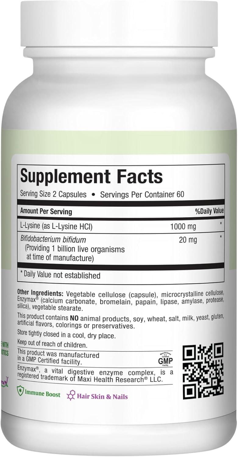 1000mg Lysine Supplement with Probiotics for Immune Health and Protein Synthesis - L-Lysine Complex Capsules from Lysine HCl - Maxi Health
