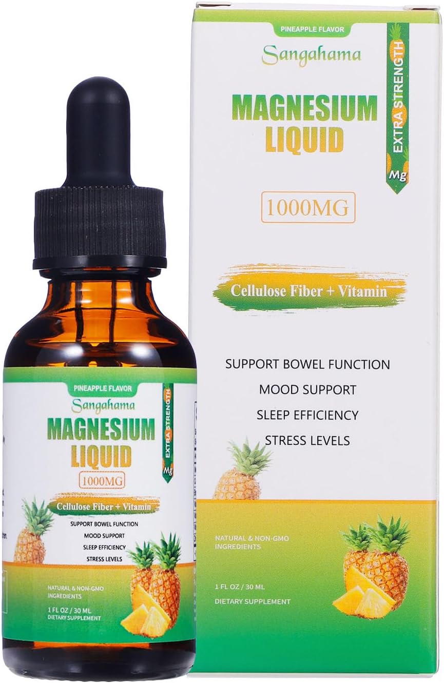 1000mg Magnesium Glycinate Liquid Drops with Vitamins and Zinc - Pineapple Flavor Supplement with Cellulose Fiber and Bromelain - Non-GMO Formula (1fl oz)