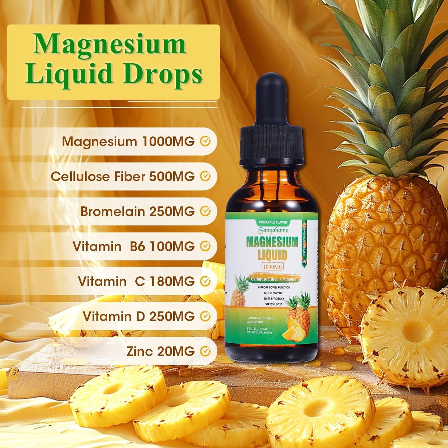 1000mg Magnesium Glycinate Liquid Drops with Vitamins and Zinc - Pineapple Flavor Supplement with Cellulose Fiber and Bromelain - Non-GMO Formula (1fl oz)