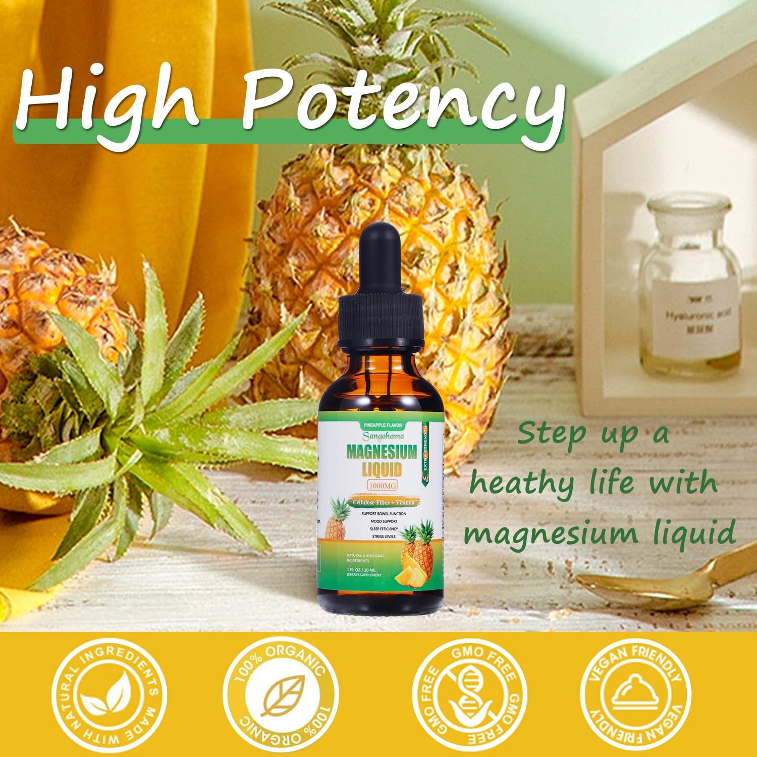 1000mg Magnesium Glycinate Liquid Drops with Vitamins and Zinc - Pineapple Flavor Supplement with Cellulose Fiber and Bromelain - Non-GMO Formula (1fl oz)