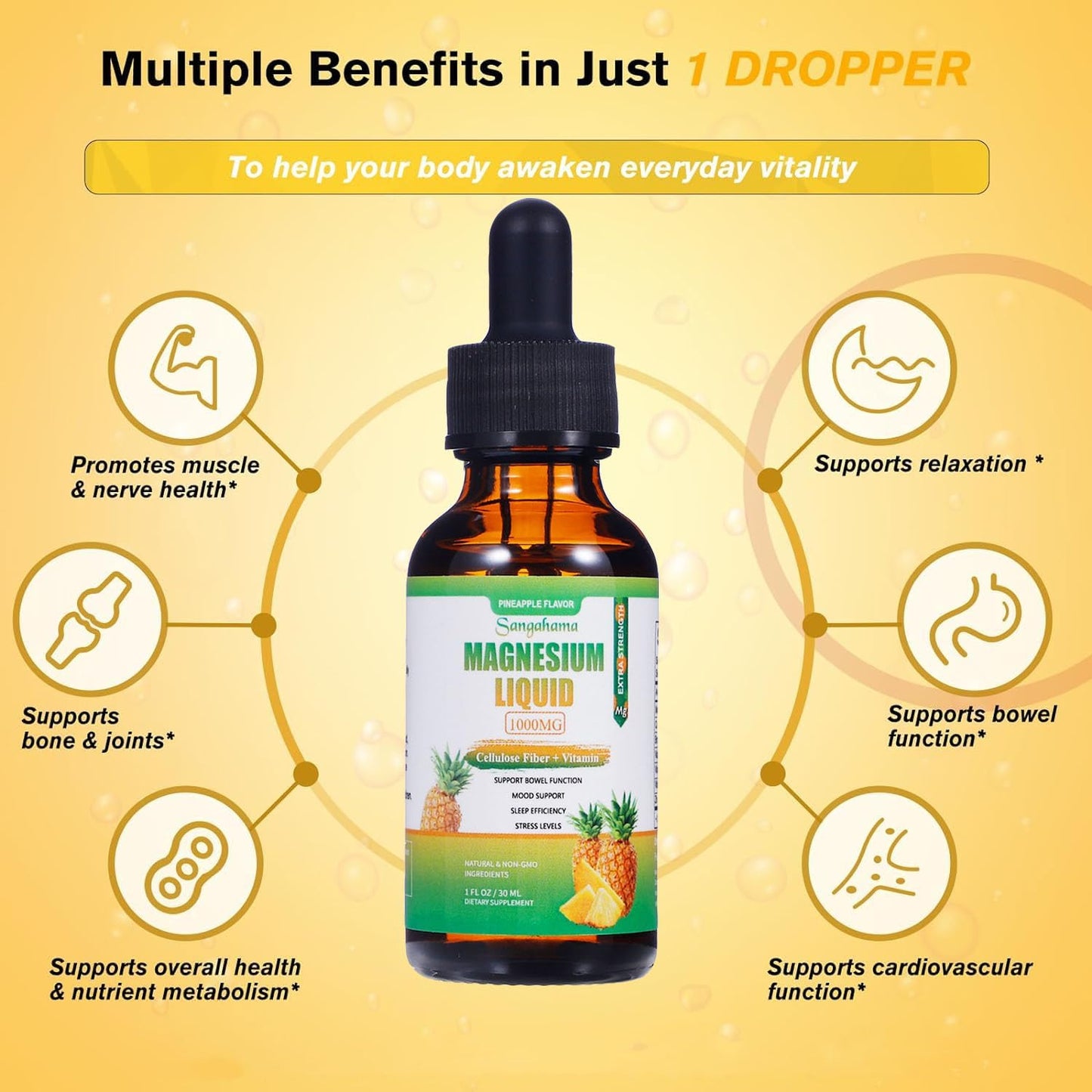 1000mg Magnesium Glycinate Liquid Drops with Vitamins and Zinc - Pineapple Flavor Supplement with Cellulose Fiber and Bromelain - Non-GMO Formula (1fl oz)