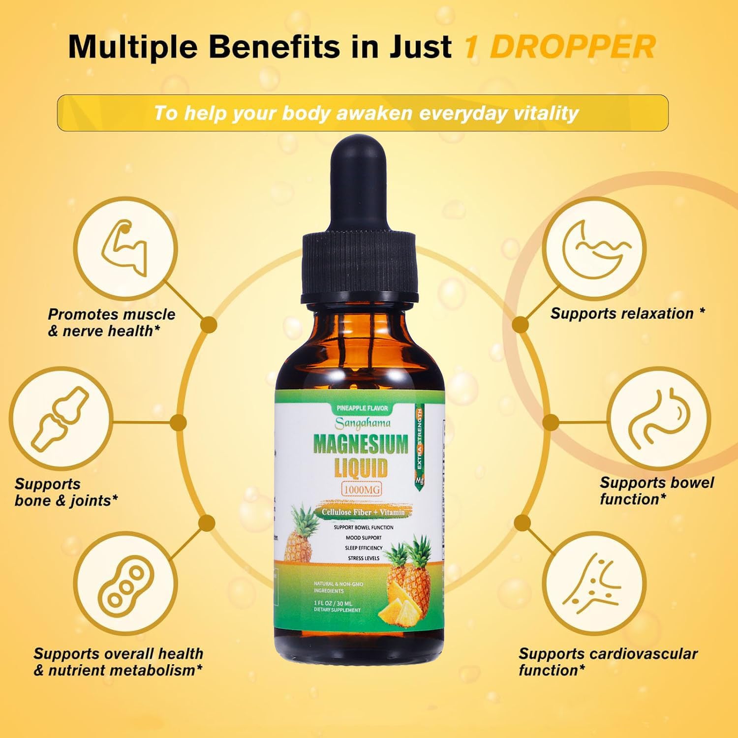 1000mg Magnesium Glycinate Liquid Drops with Vitamins and Zinc - Pineapple Flavor Supplement with Cellulose Fiber and Bromelain - Non-GMO Formula (1fl oz)