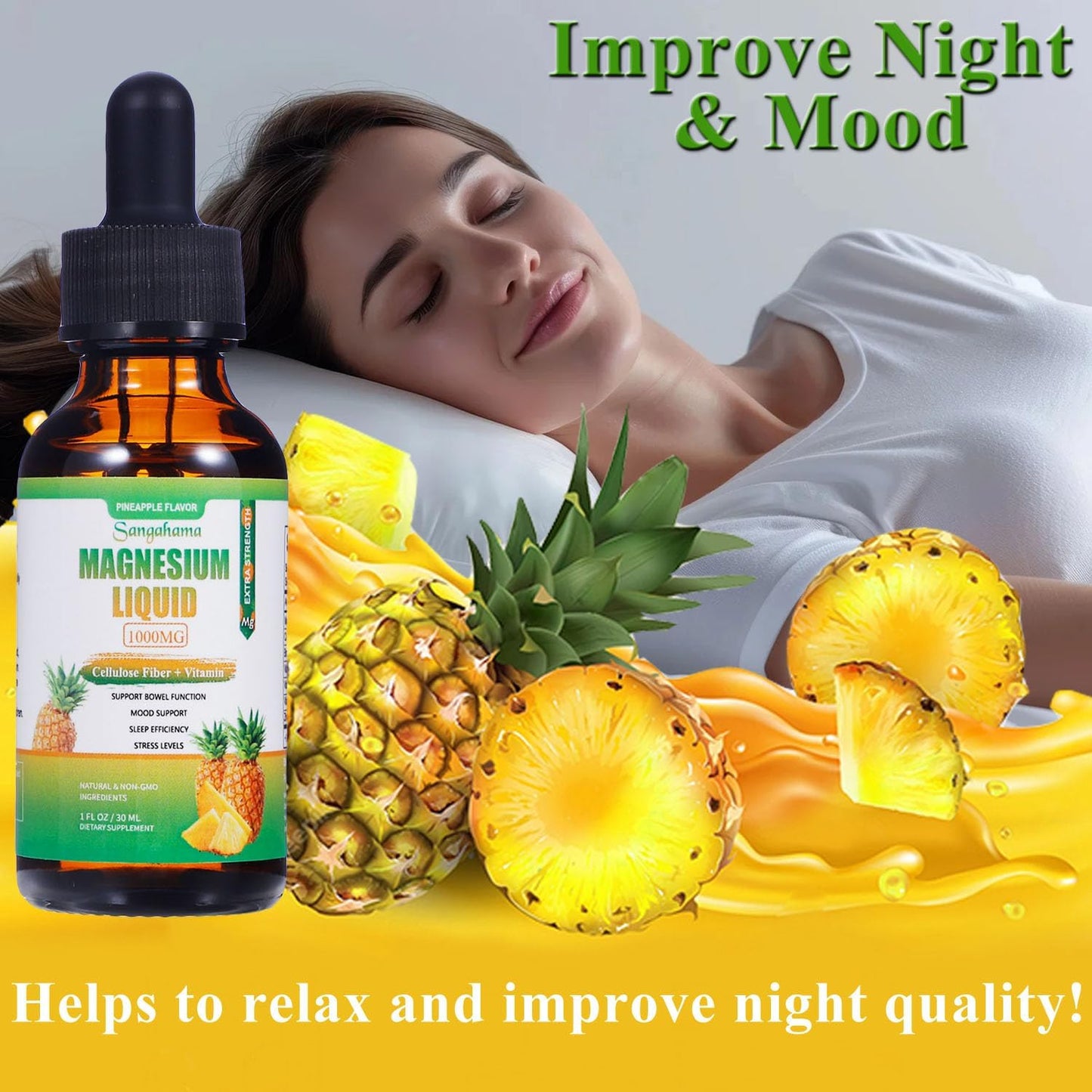 1000mg Magnesium Glycinate Liquid Drops with Vitamins and Zinc - Pineapple Flavor Supplement with Cellulose Fiber and Bromelain - Non-GMO Formula (1fl oz)