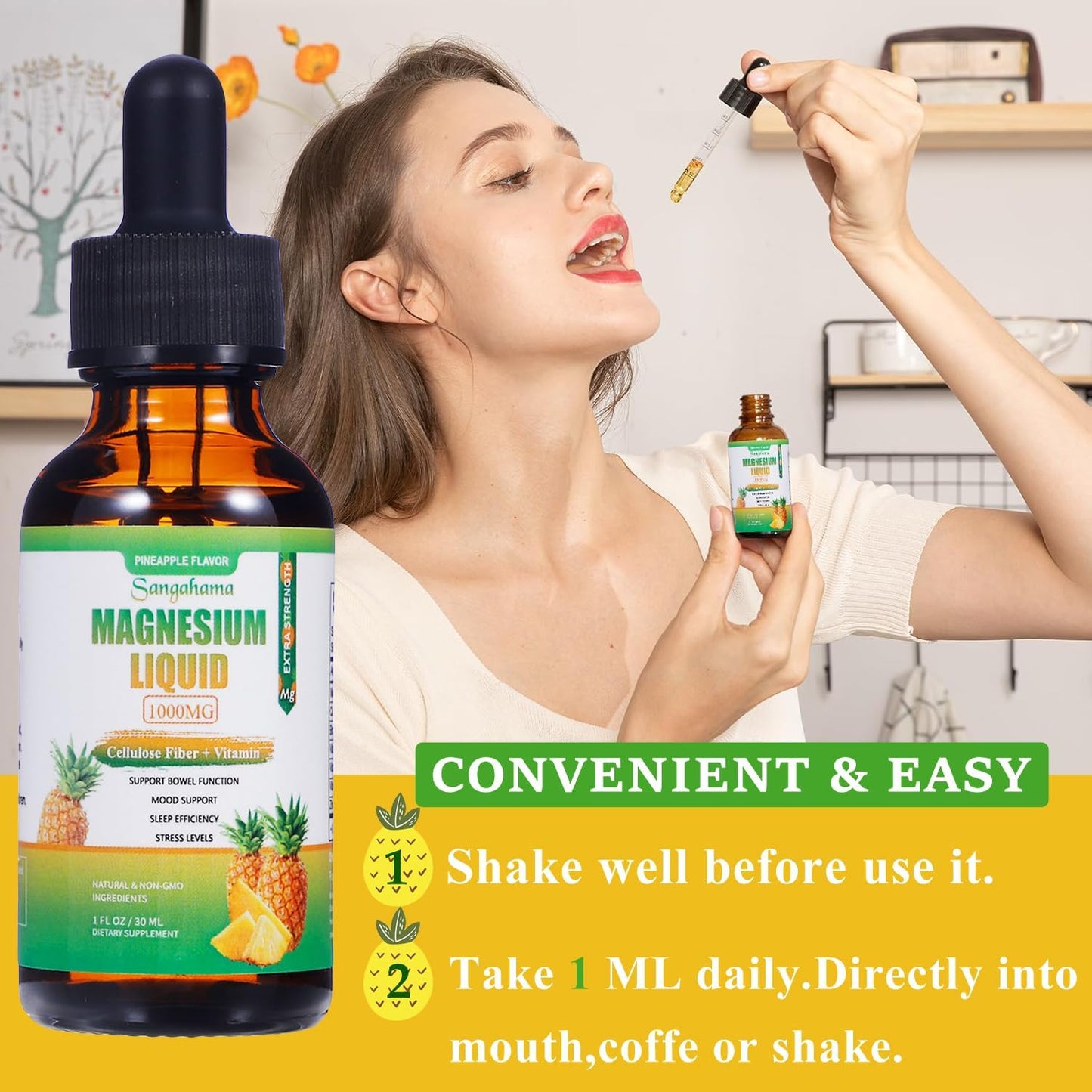 1000mg Magnesium Glycinate Liquid Drops with Vitamins and Zinc - Pineapple Flavor Supplement with Cellulose Fiber and Bromelain - Non-GMO Formula (1fl oz)