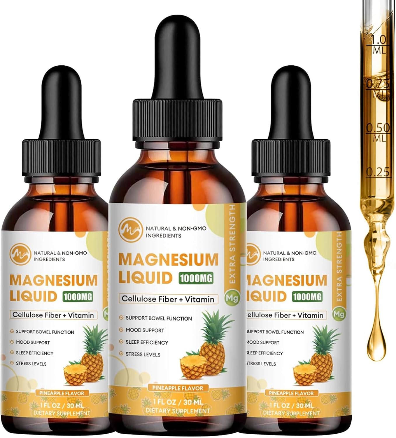 1000mg Magnesium Glycinate Liquid Supplement with Fiber, Bromelain, Vitamins & Zinc, Pineapple Flavor - 3 Pack for Kids & Adults