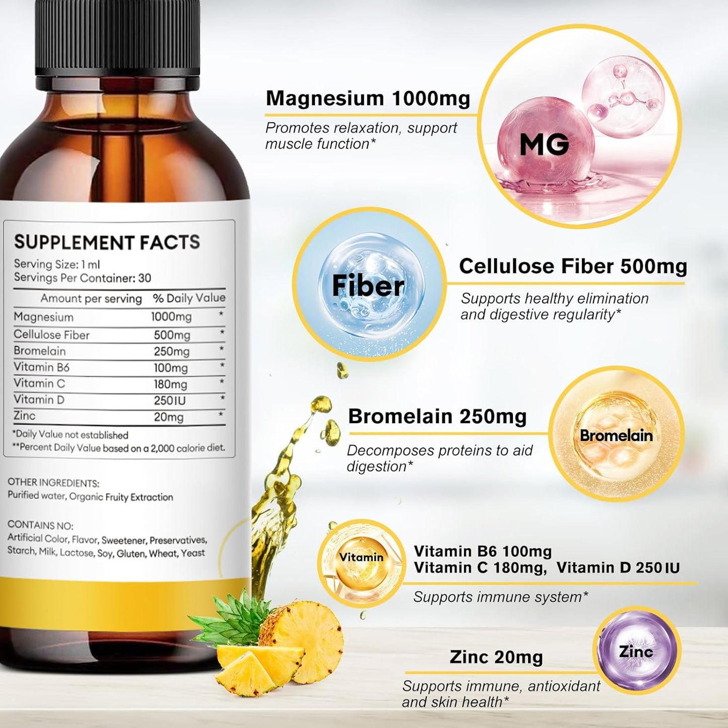 1000mg Magnesium Glycinate Liquid Supplement with Fiber, Bromelain, Vitamins & Zinc, Pineapple Flavor - 3 Pack for Kids & Adults