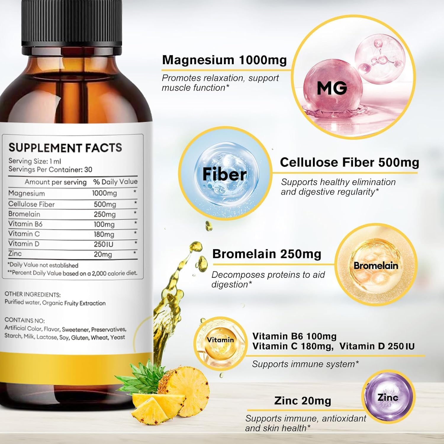 1000mg Magnesium Glycinate Liquid Supplement with Fiber, Vitamins, and Zinc - Pineapple Flavor, 1 Pack