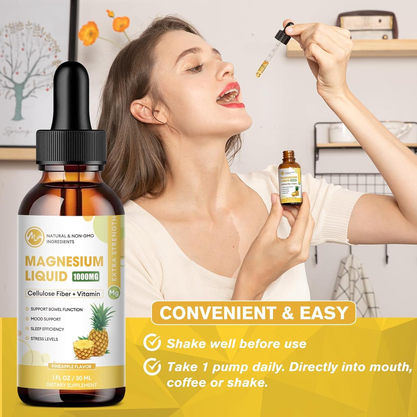 1000mg Magnesium Glycinate Liquid Supplement with Fiber, Bromelain, Vitamins & Zinc, Pineapple Flavor - 3 Pack for Kids & Adults