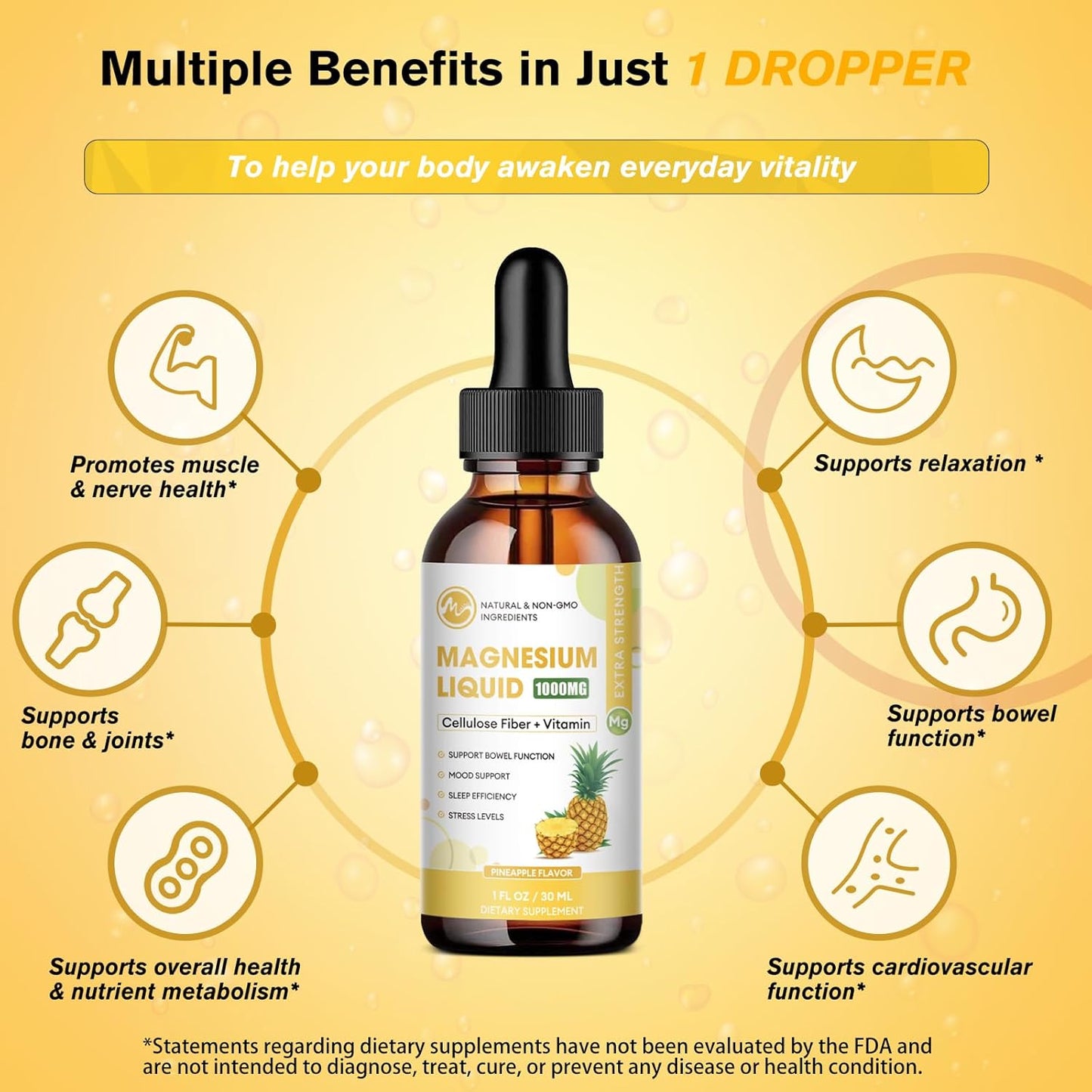 1000mg Magnesium Glycinate Liquid Supplement with Fiber, Bromelain, Vitamins & Zinc, Pineapple Flavor - 3 Pack for Kids & Adults