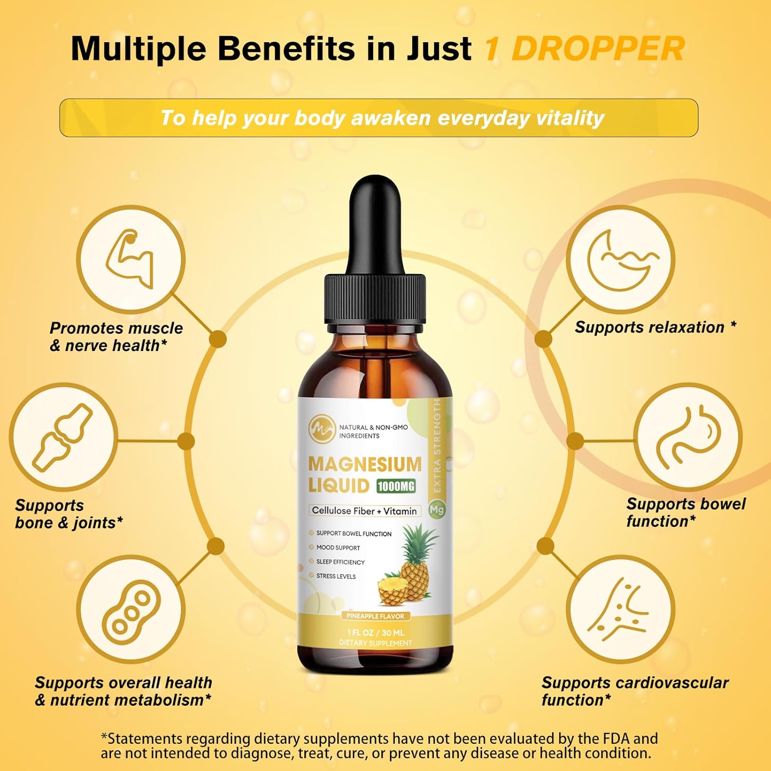 1000mg Magnesium Glycinate Liquid Supplement with Fiber, Bromelain, Vitamins & Zinc, Pineapple Flavor - 3 Pack for Kids & Adults