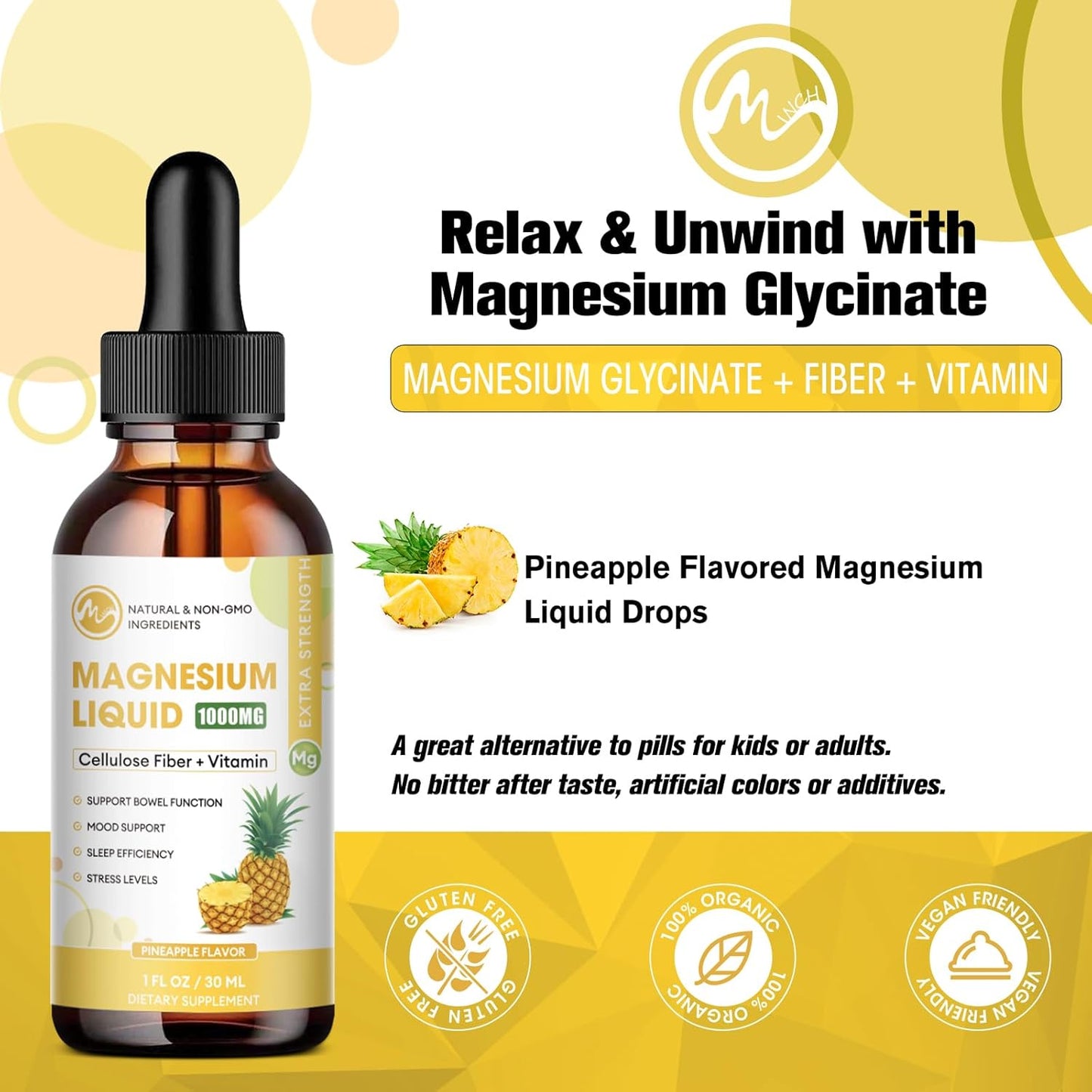 1000mg Magnesium Glycinate Liquid Supplement with Fiber, Bromelain, Vitamins & Zinc, Pineapple Flavor - 3 Pack for Kids & Adults