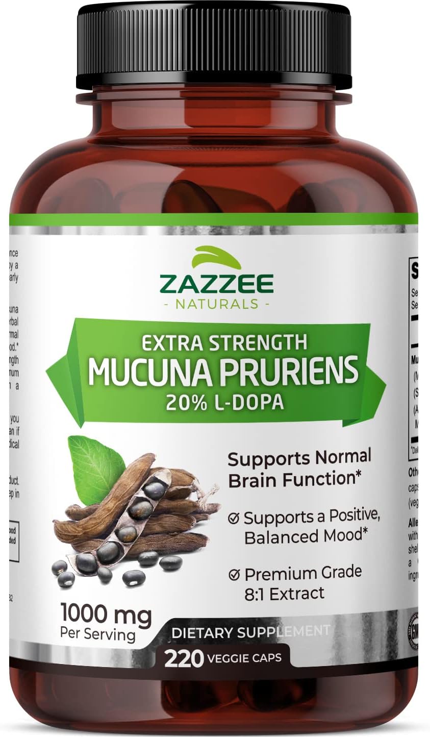 1000mg Mucuna Pruriens 8:1 Extract Capsules - 220 Vegan Capsules, Minimum 20% L-Dopa, 110 Day Supply, All-Natural and Non-GMO
