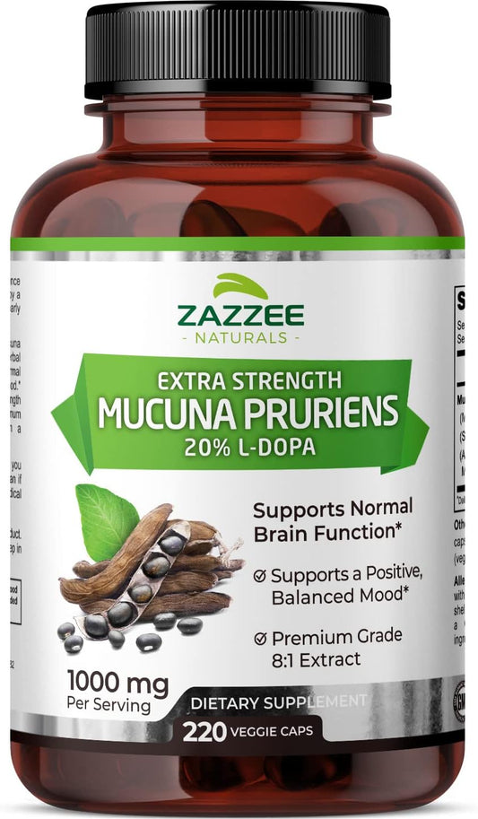 1000mg Mucuna Pruriens 8:1 Extract Capsules - 220 Vegan Capsules, Minimum 20% L-Dopa, 110 Day Supply, All-Natural and Non-GMO