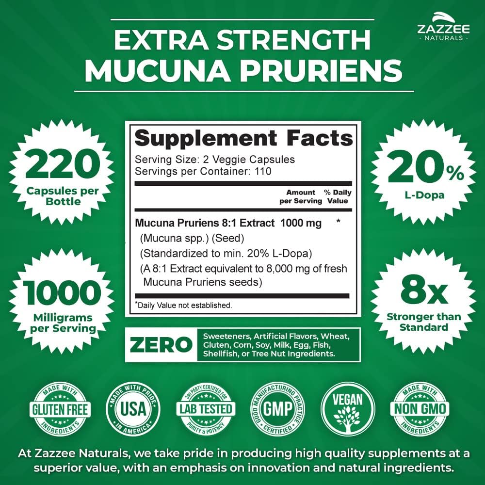 1000mg Mucuna Pruriens 8:1 Extract Capsules - 220 Vegan Capsules, Minimum 20% L-Dopa, 110 Day Supply, All-Natural and Non-GMO