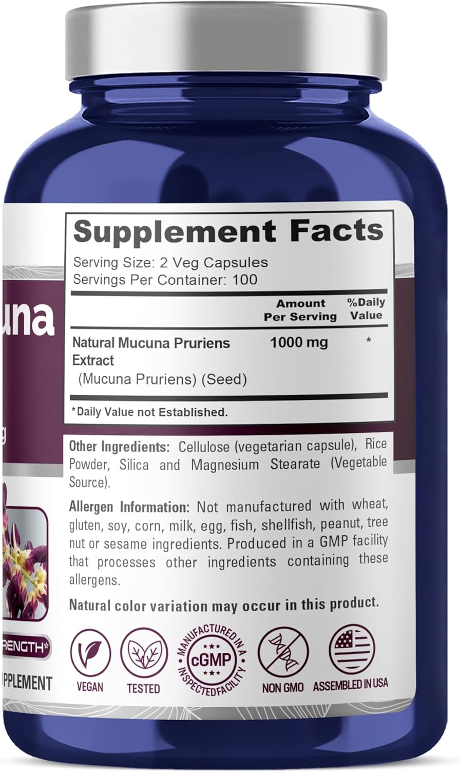 1000mg Mucuna Pruriens Supplement - 200 Veggie Capsules (Non-GMO, Vegetarian, Vegan) by NusaPure - BoostGo Australia