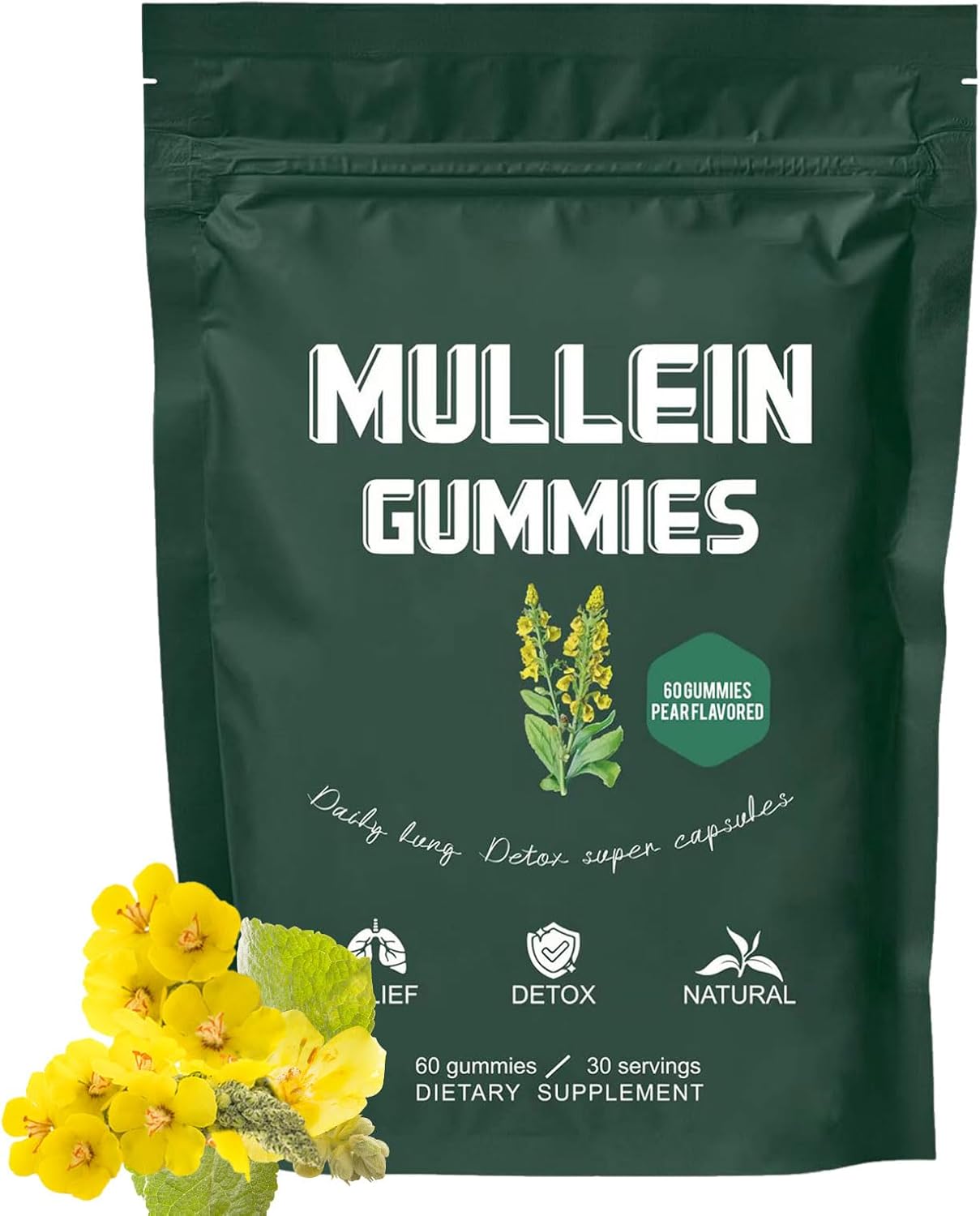 1000mg Mullein Leaf Extract Gummies for Lung Health & Sinus Relief - Pear Flavor - 30 Day Supply