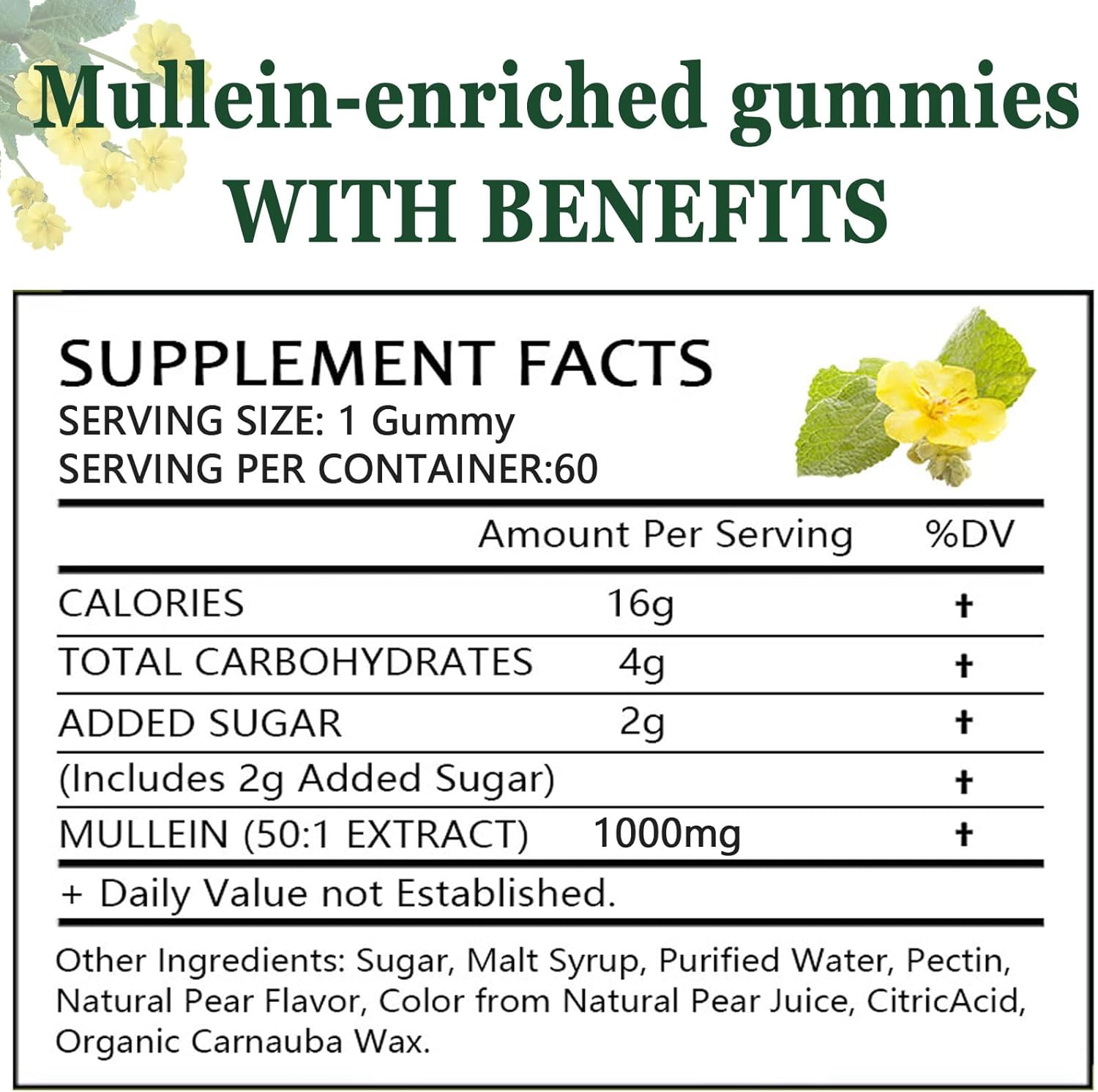 1000mg Mullein Leaf Extract Gummies for Lung Health & Sinus Relief - Pear Flavor - 30 Day Supply