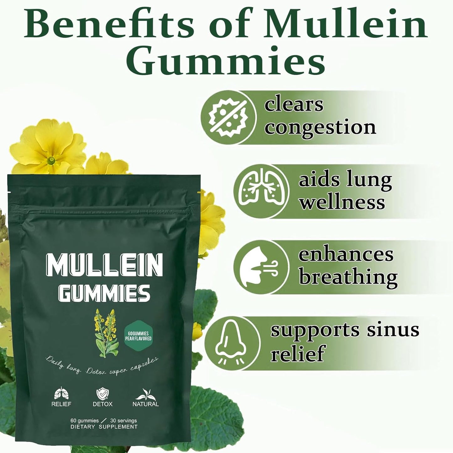 1000mg Mullein Leaf Extract Gummies for Lung Health & Sinus Relief - Pear Flavor - 30 Day Supply