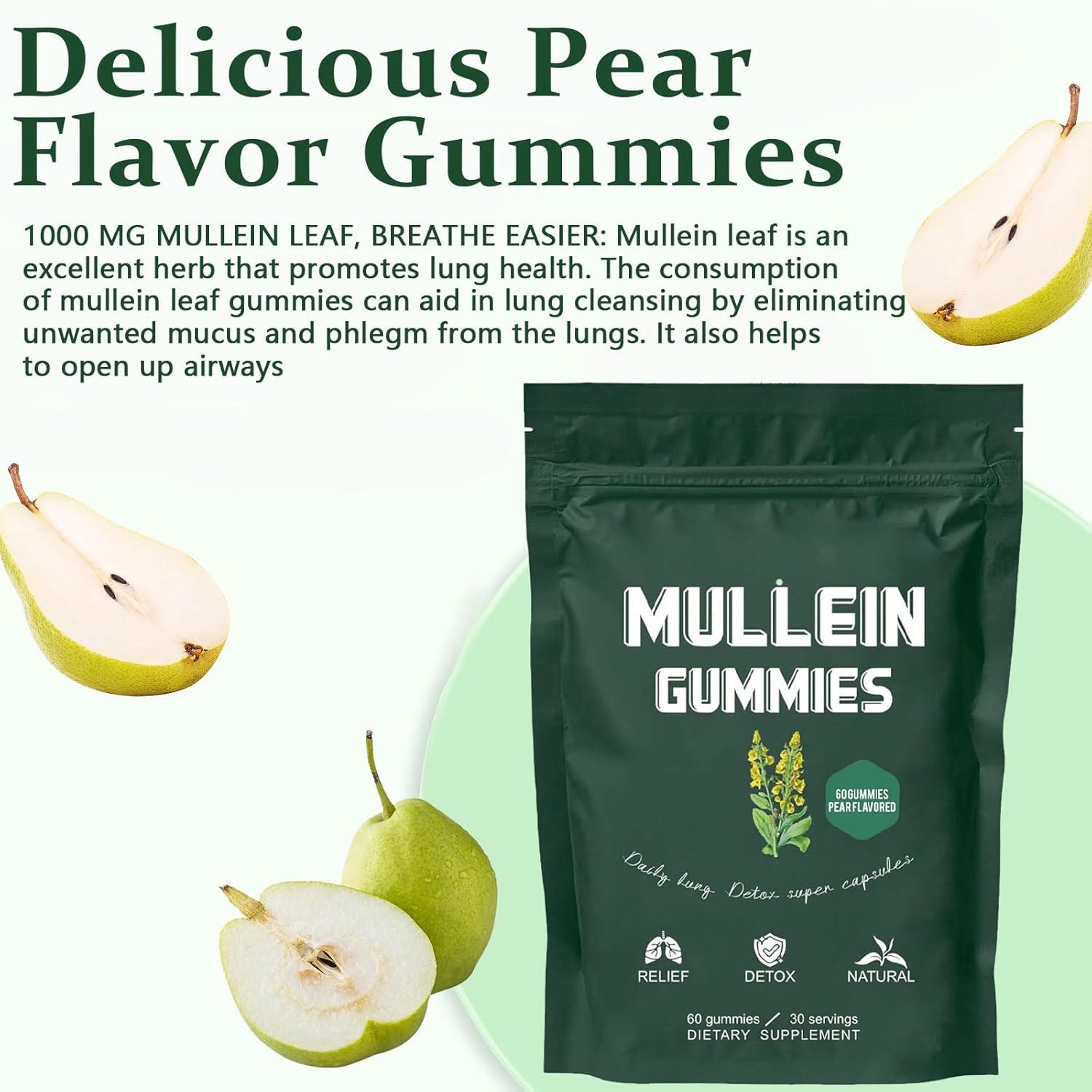 1000mg Mullein Leaf Extract Gummies for Lung Health & Sinus Relief - Pear Flavor - 30 Day Supply