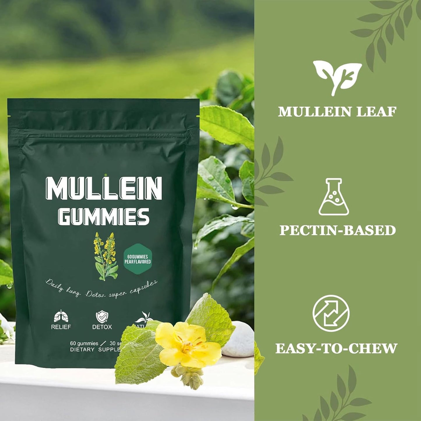 1000mg Mullein Leaf Extract Gummies for Lung Health & Sinus Relief - Pear Flavor - 30 Day Supply