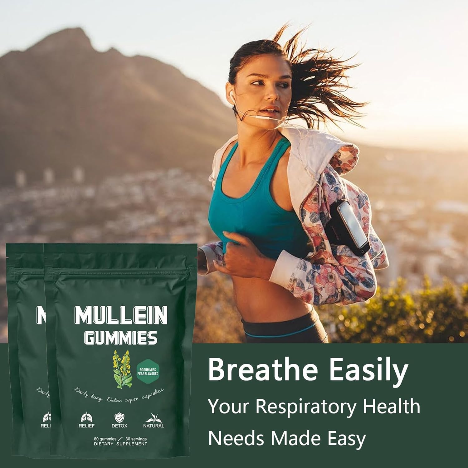 1000mg Mullein Leaf Extract Gummies for Lung Health & Sinus Relief - Pear Flavor - 30 Day Supply