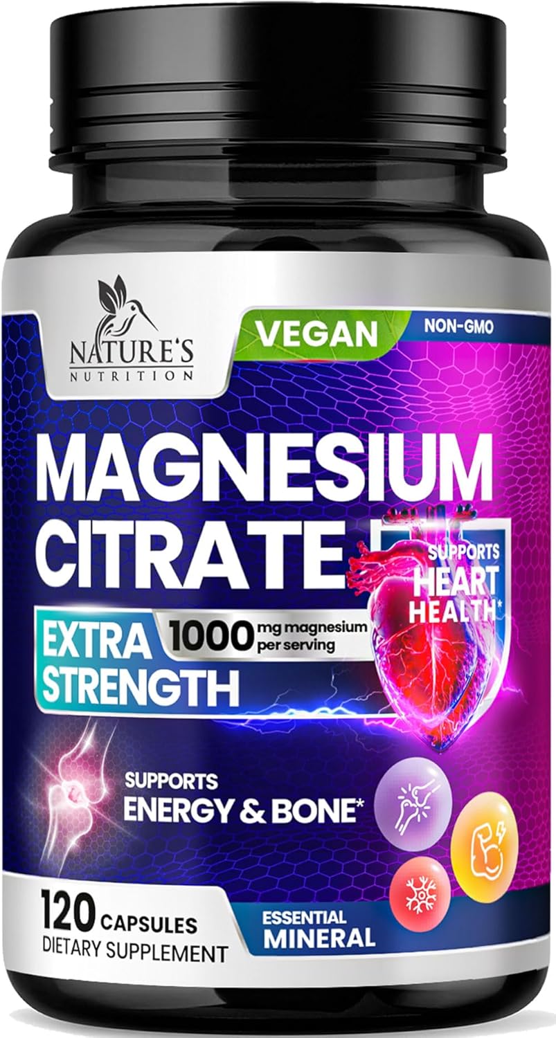 1000mg Nature's Nutrition Magnesium Citrate Supplement for Bone, Heart, Nerves, Muscles & Metabolism - 120 Capsules by Nature's Pure Magnesio