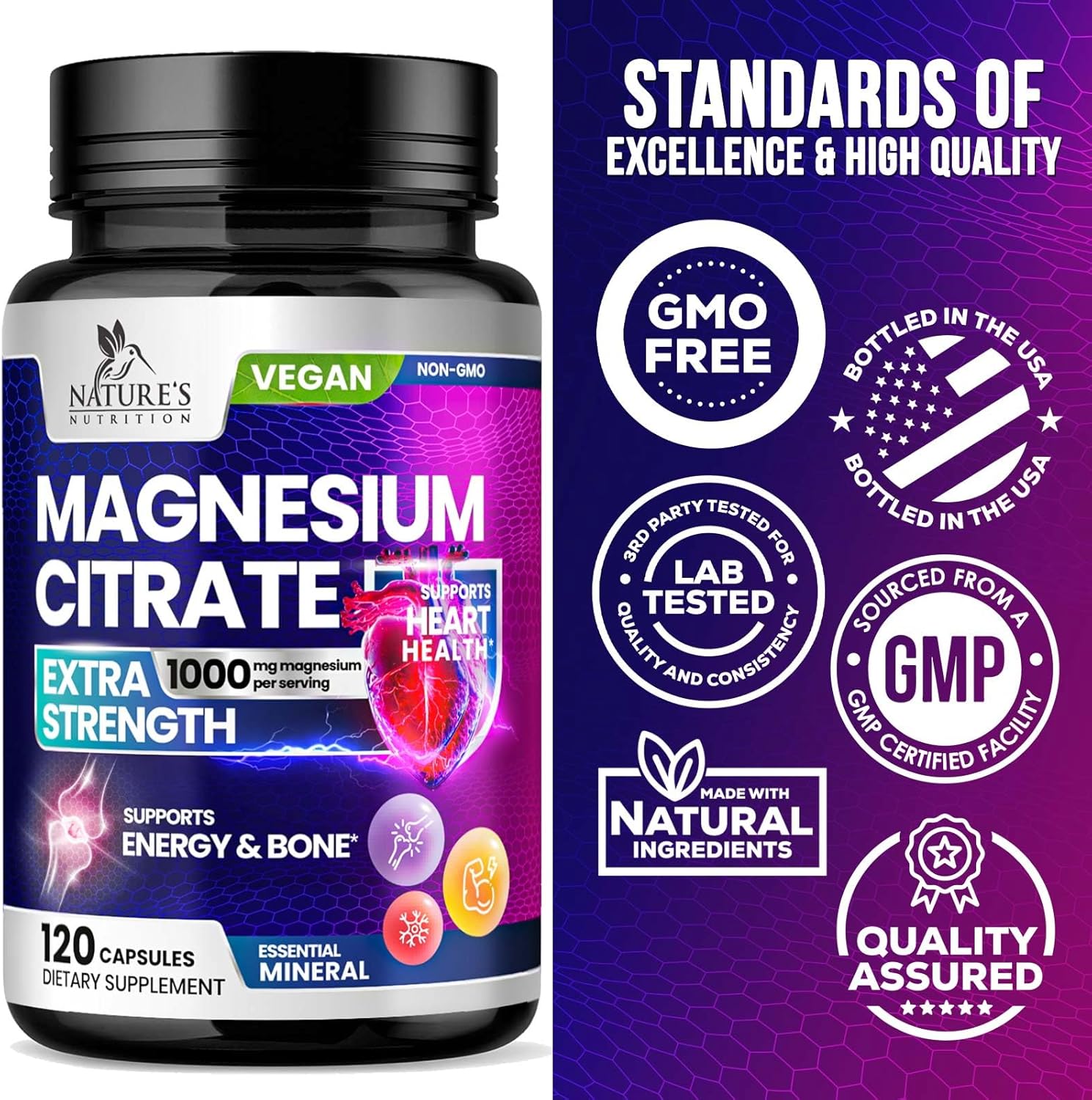 1000mg Nature's Nutrition Magnesium Citrate Supplement for Bone, Heart, Nerves, Muscles & Metabolism - 120 Capsules by Nature's Pure Magnesio