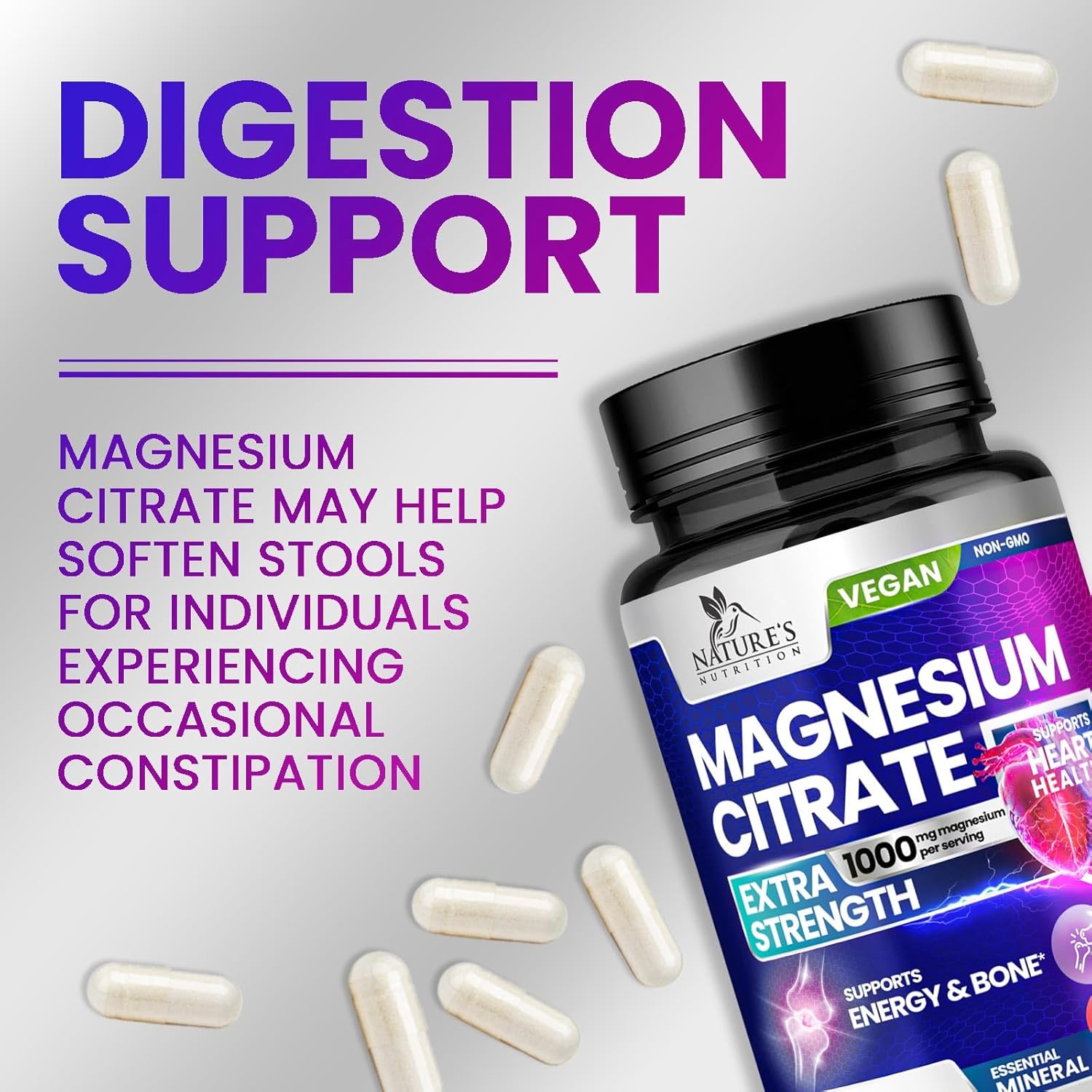 1000mg Nature's Nutrition Magnesium Citrate Supplement for Bone, Heart, Nerves, Muscles & Metabolism - 120 Capsules by Nature's Pure Magnesio