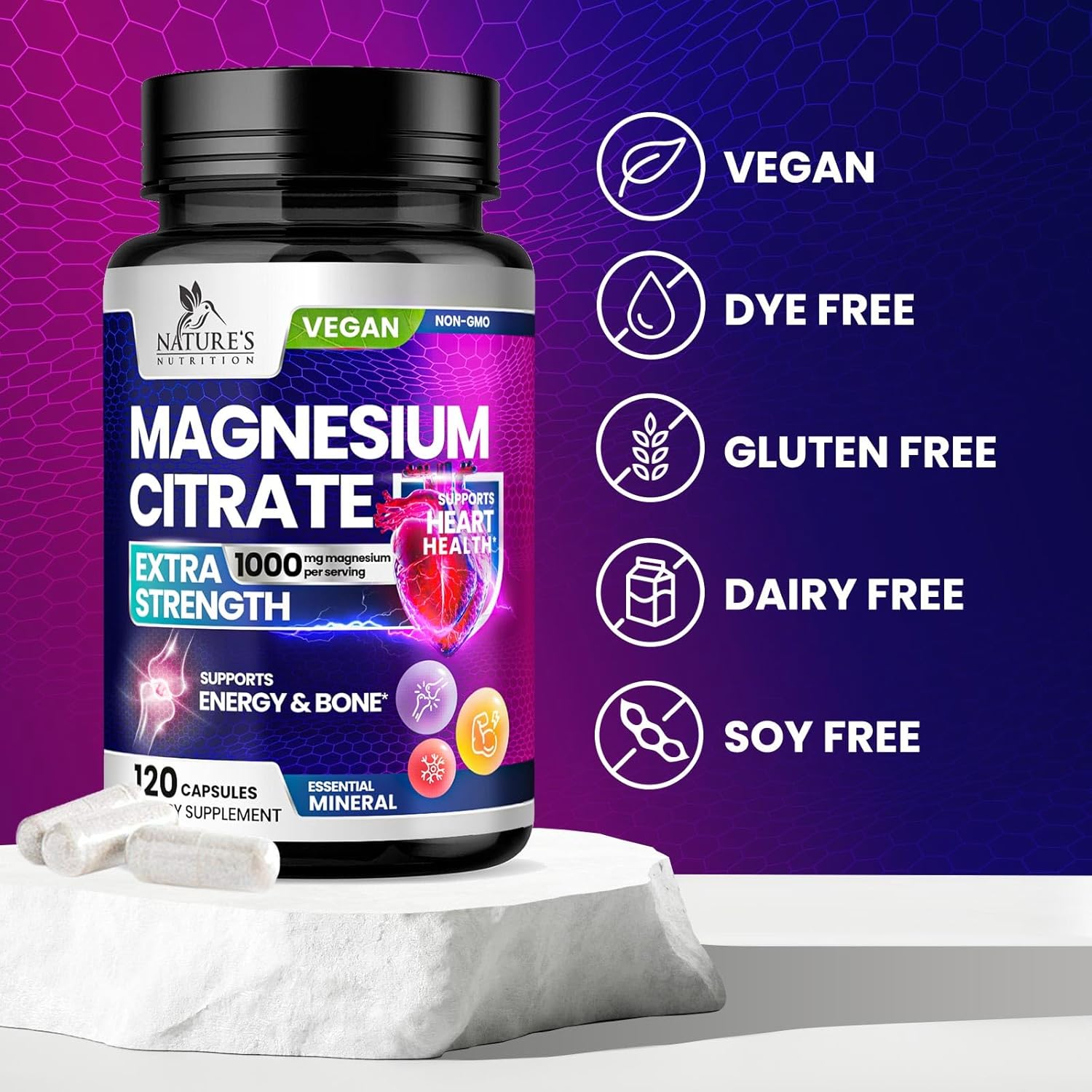 1000mg Nature's Nutrition Magnesium Citrate Supplement for Bone, Heart, Nerves, Muscles & Metabolism - 120 Capsules by Nature's Pure Magnesio