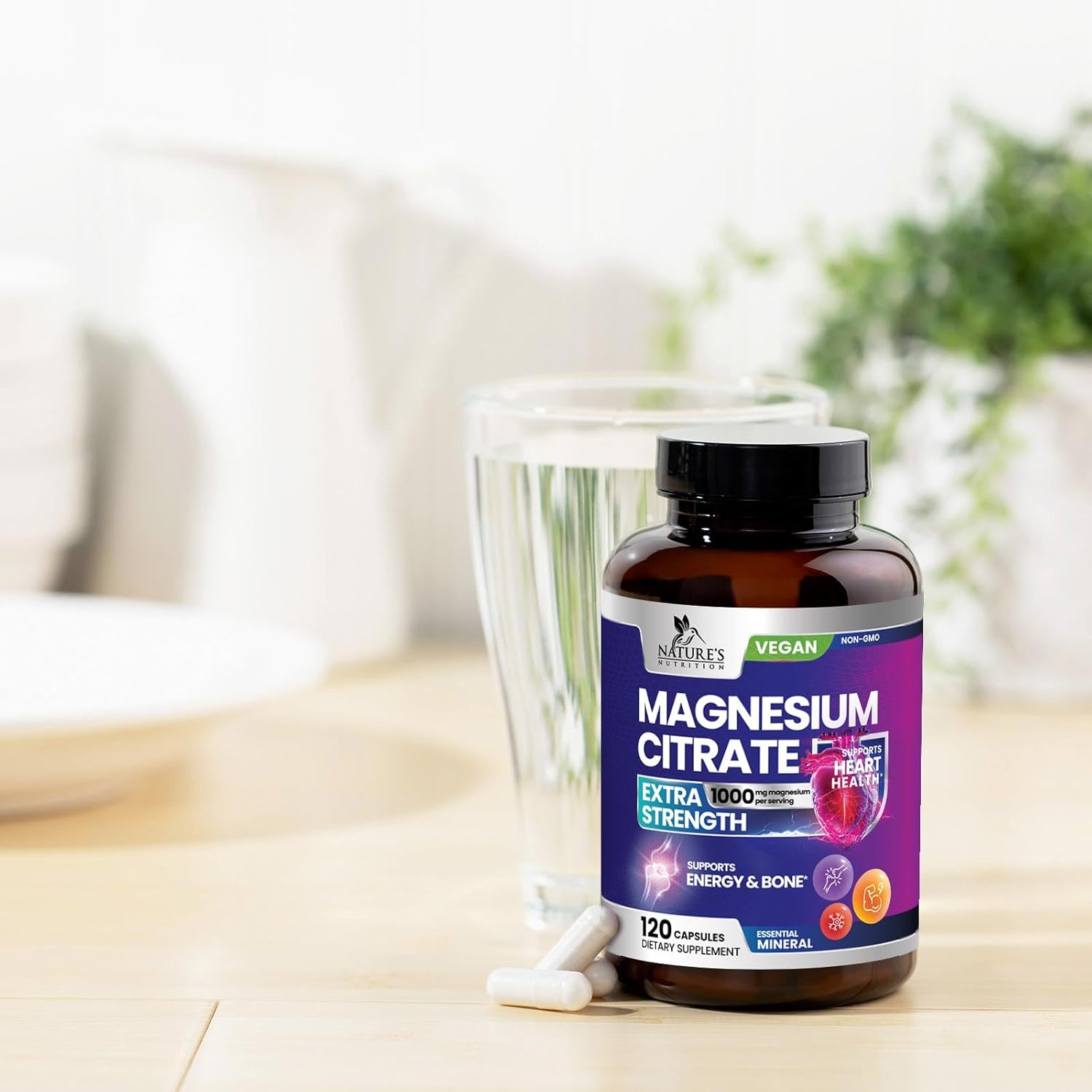 1000mg Nature's Nutrition Magnesium Citrate Supplement for Bone, Heart, Nerves, Muscles & Metabolism - 120 Capsules by Nature's Pure Magnesio