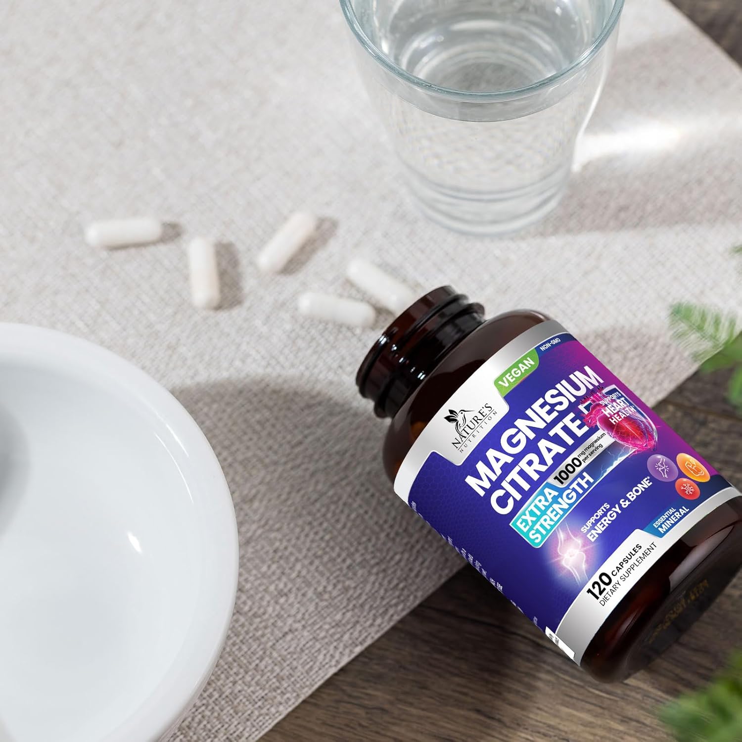 1000mg Nature's Nutrition Magnesium Citrate Supplement for Bone, Heart, Nerves, Muscles & Metabolism - 120 Capsules by Nature's Pure Magnesio