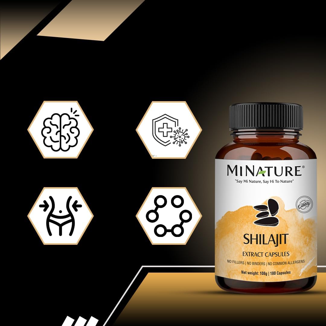 1000mg Non GMO Shilajit Capsules by mi Nature - 180 Veg Caps for Vibrant Energy & Vitality | 100% Extract with Fulvic Acid