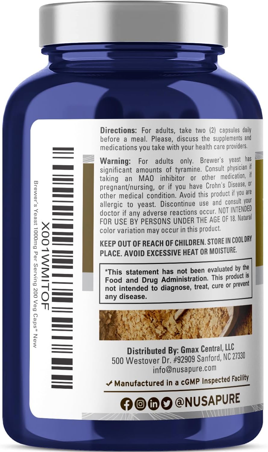 1000mg NusaPure Brewers Yeast Capsules - 200 Vegetarian Capsules (Non-GMO, Vegan)