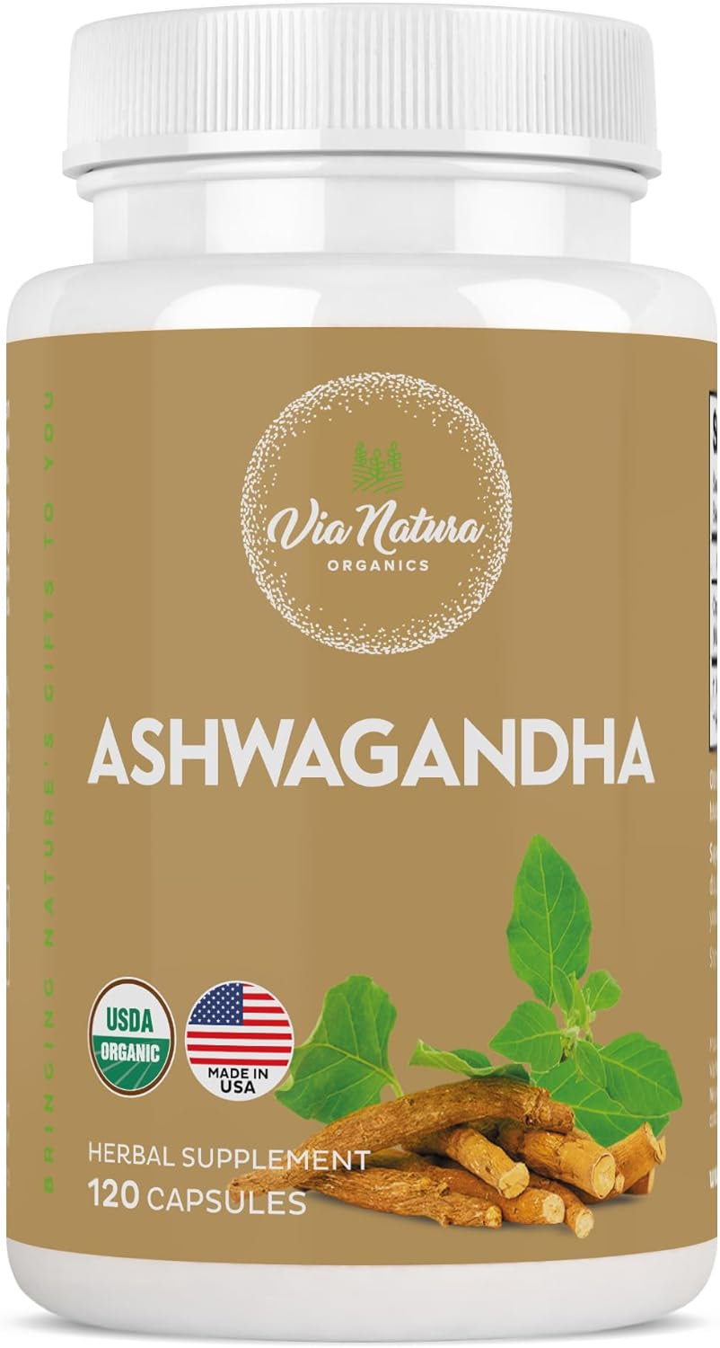 1000mg Organic Ashwagandha Capsules by Via Natura Organics | Herbal Supplement with 120 Capsules